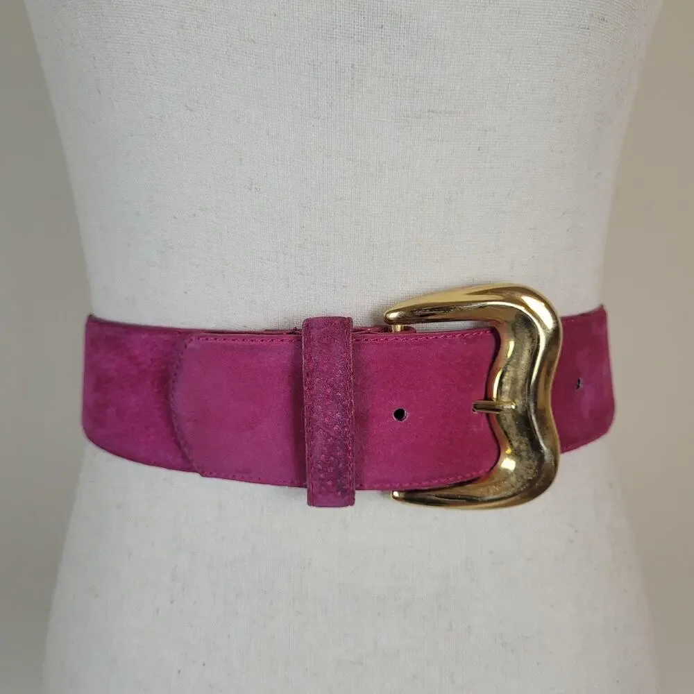 Vintage Pink Suede Leather Belt Small Wide Gold Sculptural Statement Waist 80s